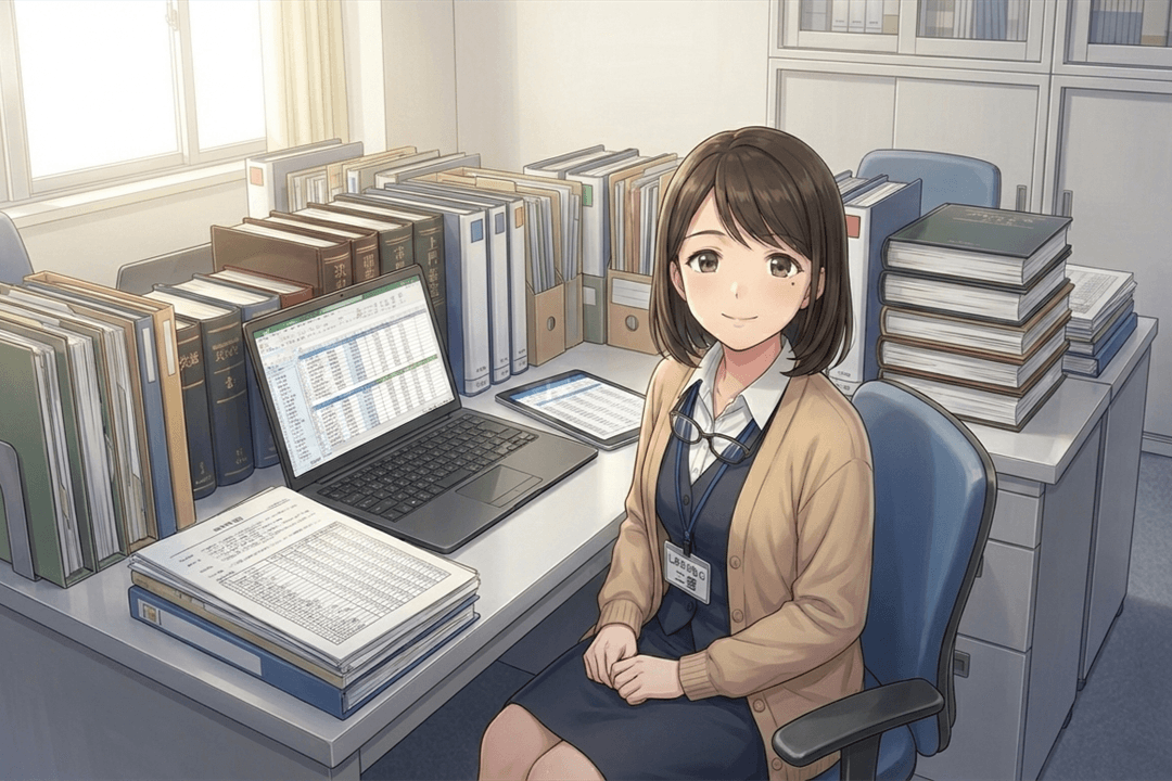 三日月ニュービル Room 303 の机に向かう葵さん